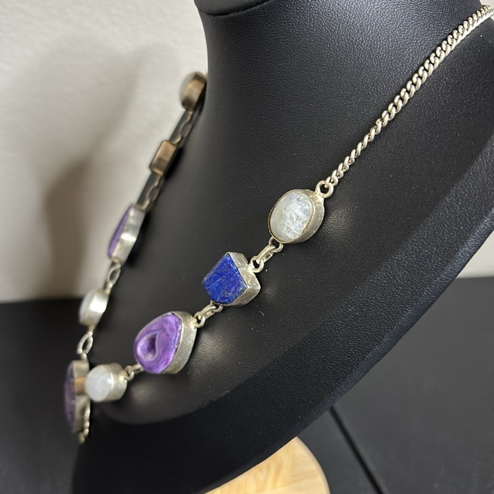 925 Lapis Purple Quartz Druzy Iolite Biwa Pearl Gemstone Silver Necklace​ - Picture 5 of 9